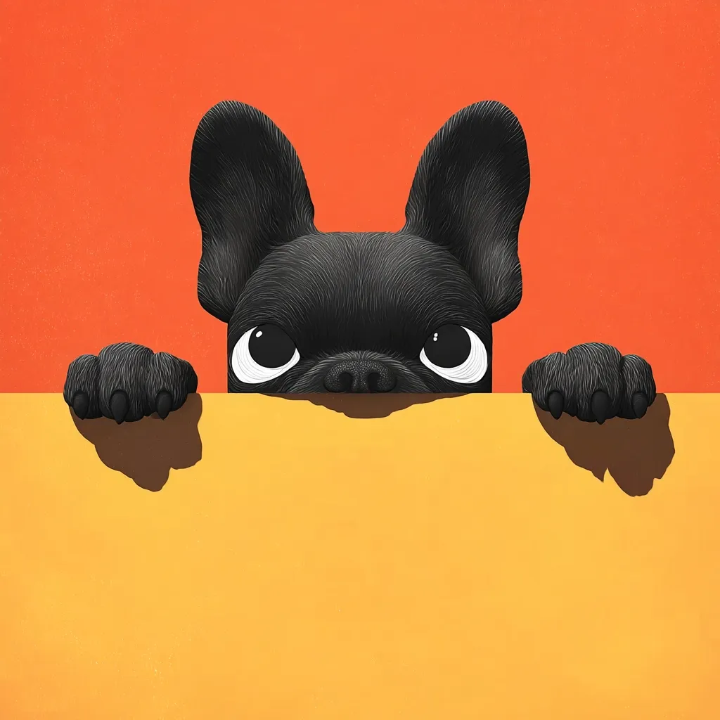 A stylized illustration depicts a black French bulldog peering over a mustard-yellow surface against a burnt-orange background.  The dog's large, expressive eyes and paws are prominently featured. The image is minimalist, focusing on the dog's curious gaze and the contrast of colors.  The overall mood is playful and engaging.