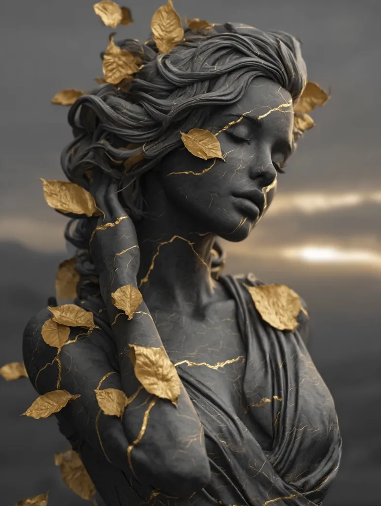 A digital rendering depicts a dark, marble-like bust of a woman.  Her eyes are closed, and her expression is serene.  Gold leaf accents the cracks in the statue, creating a contrast against the dark stone.  Golden leaves also adorn her hair and body, adding an ethereal quality. The background suggests a sunset or sunrise, enhancing the dramatic mood.