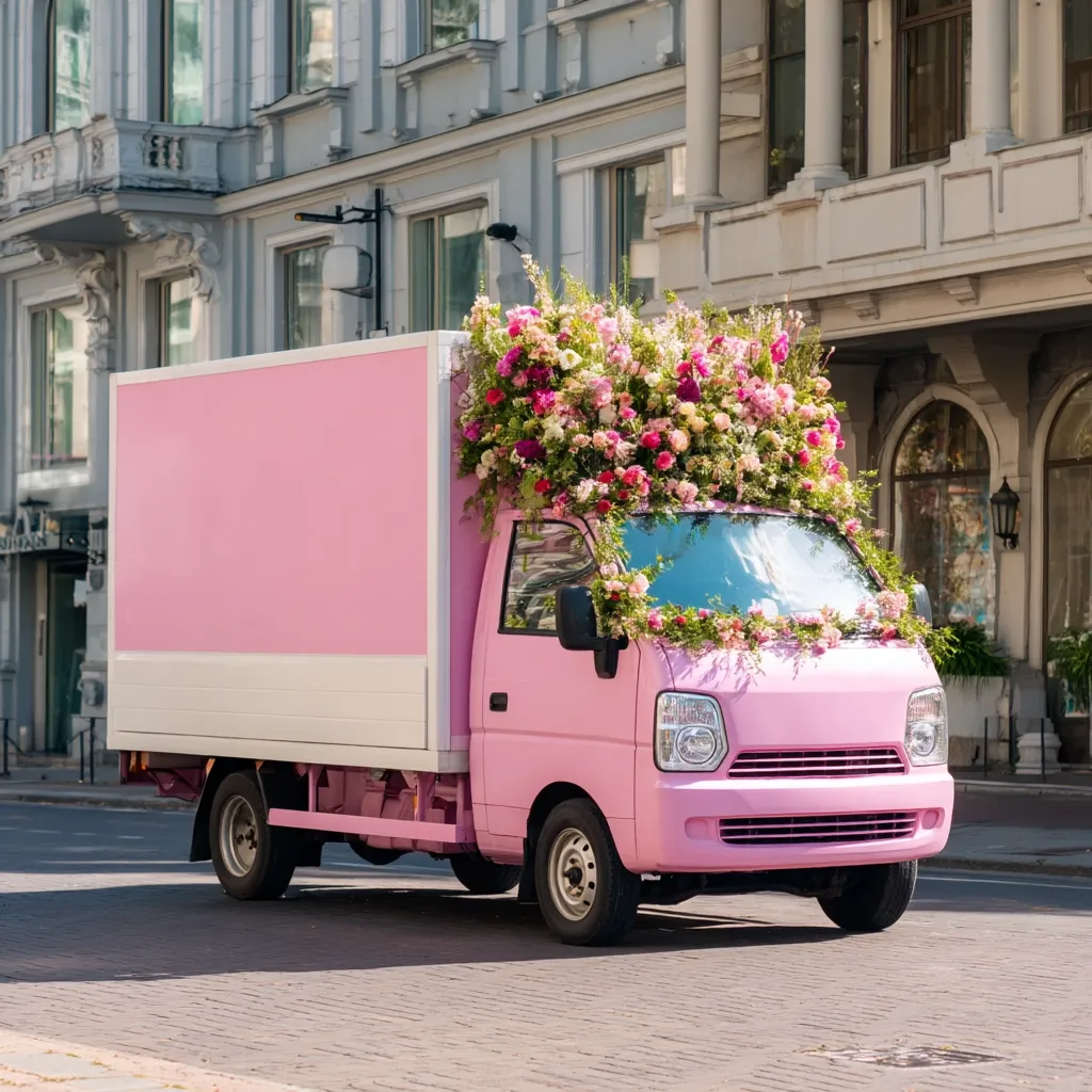 A pink delivery truck, adorned with a vibrant profusion of flowers, is parked on a city street.  The blossoms cascade from the roof and hood, creating a stunning floral display. The truck's blank pink side offers advertising potential. The background features an elegant, light-grey building.  The overall scene is bright and cheerful.