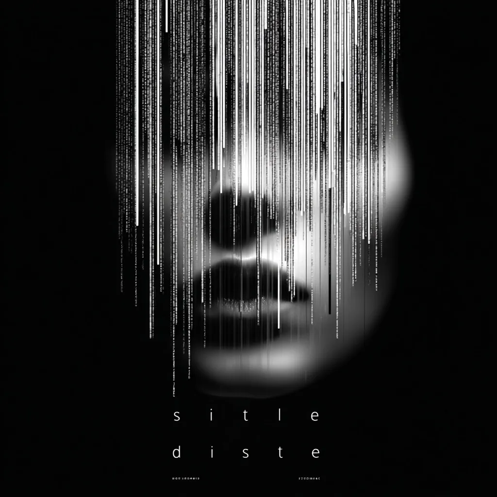 A grayscale image depicts a face partially obscured by cascading lines of code.  The lines, resembling digital rain, flow down the face, obscuring features except for the lips.  Below, the words "sit le dis te" are subtly displayed, suggesting a connection between technology, identity, and perhaps, a state of being. The overall aesthetic is dark, mysterious, and technologically advanced.