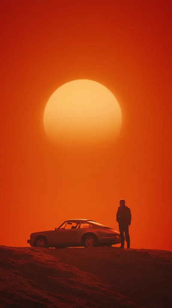 A silhouetted figure stands beside a classic Porsche 911, parked on a dune against a vibrant orange sunset. The large, low-hanging sun dominates the sky, casting a warm, almost fiery glow over the scene.  The minimalist composition emphasizes the car, the person, and the dramatic light.  The overall mood is one of solitude and contemplation.