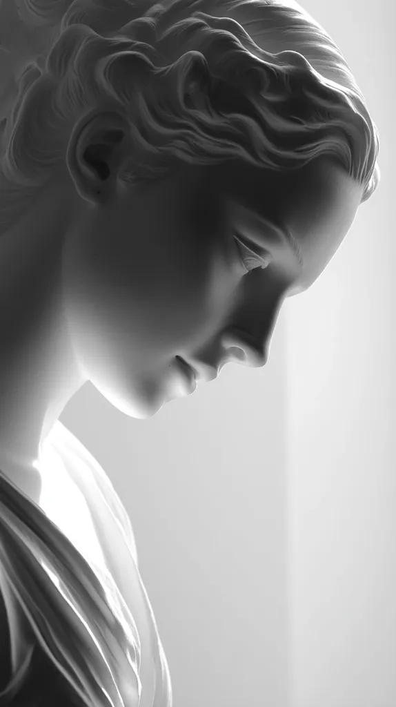 A black and white close-up shot of a classical-style statue of a woman.  Her head is bowed, her eyes closed, and her hair is intricately sculpted in flowing waves.  The statue's features are soft and delicate, evoking a sense of serenity or sorrow. The lighting emphasizes the smooth texture of the marble or stone. The background is blurred, focusing attention on the statue's face and upper body.