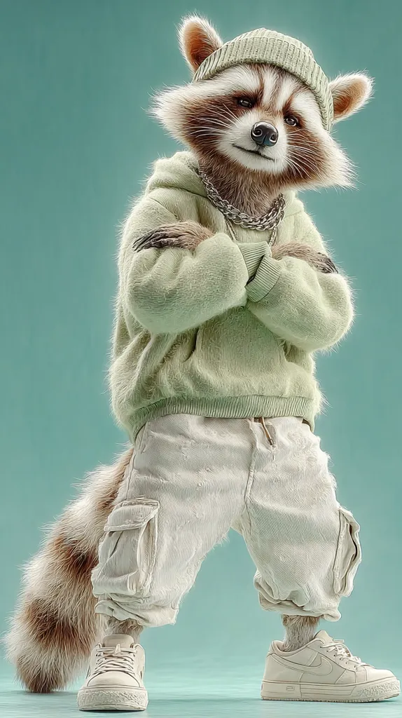 A raccoon, depicted in a stylized digital rendering, sports a sage green hoodie, matching beanie, and off-white cargo pants.  Its arms are crossed, showcasing a confident pose.  The raccoon also wears cream-colored sneakers and a silver chain necklace.  The background is a muted teal, enhancing the raccoon's fashionable attire.  The overall style is hip and modern, anthropomorphizing the animal.