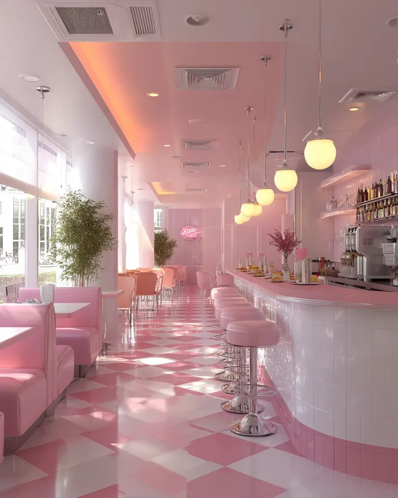 A charming pink diner features a checkerboard floor, pastel pink booths, and a counter with matching pink stools.  Globe pendant lights illuminate the space, creating a soft, romantic ambiance.  Plants add a touch of nature, while a bar area stocked with beverages completes the scene. The overall aesthetic is delightfully retro and feminine.