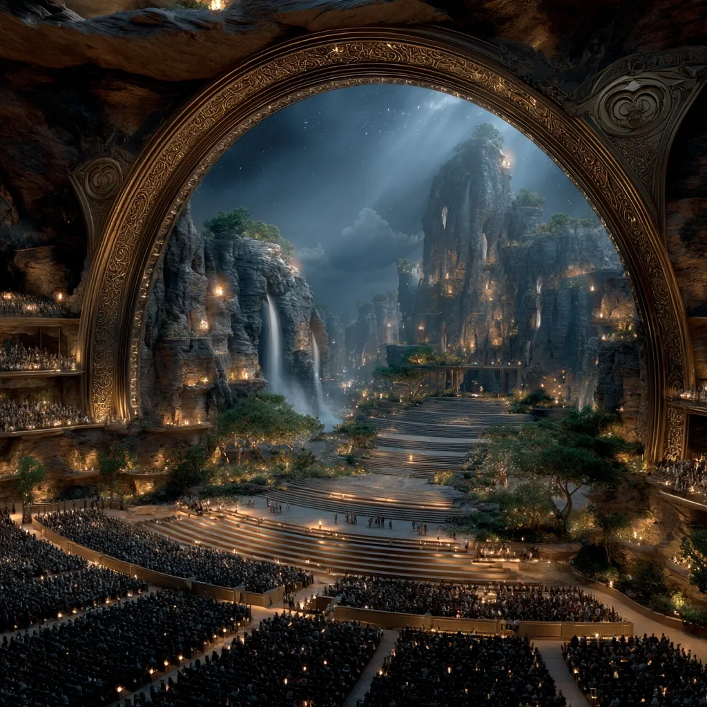 A massive, ornate amphitheater is nestled within a cavern, its arched opening framing a breathtaking vista.  A magical, illuminated city nestled among towering cliffs and cascading waterfalls stretches before the seated audience.  The scene is bathed in the soft light of numerous lamps, creating an ethereal and awe-inspiring spectacle. The architecture blends natural rock formations with intricate golden detailing.