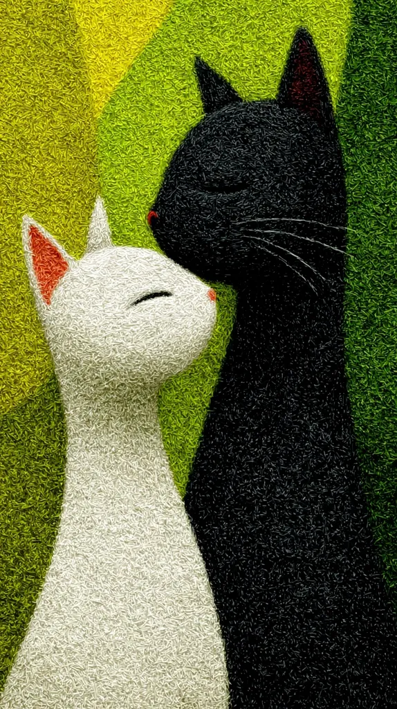 A stylized illustration depicts a white cat and a black cat nuzzling affectionately against a textured, green background.  The cats are rendered with a thick, almost furry texture, emphasizing their closeness.  The background features varying shades of green, suggesting foliage or grass. The overall style is reminiscent of a painting or print, with a focus on simple shapes and bold colors.