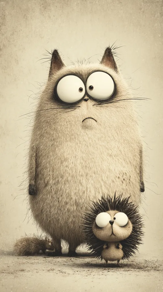 A whimsical illustration features a large, fluffy cat with oversized eyes and a smaller hedgehog standing before it.  Both creatures share similarly large, expressive eyes.  The style is cartoonish, with a sepia tone and textured background giving a vintage feel. A tiny, unseen animal scurries by the cat's legs. The overall mood is playful and slightly melancholic.