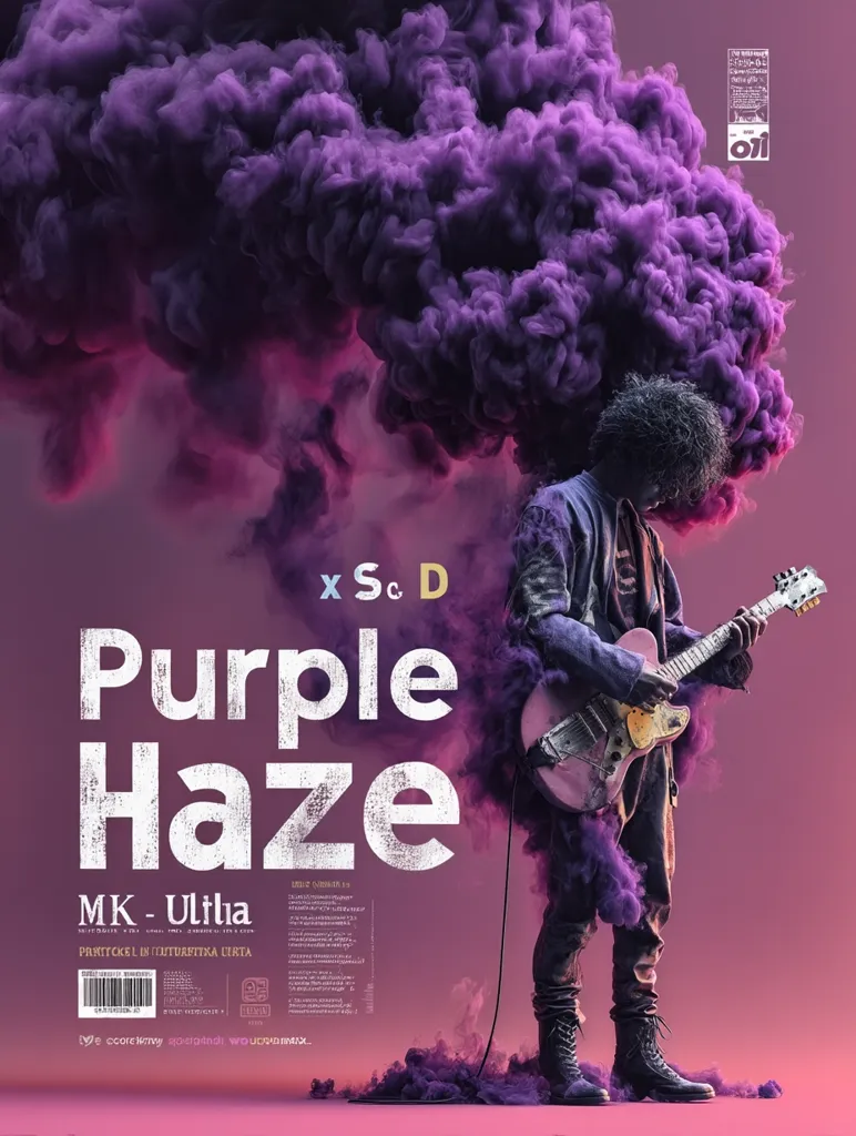 A stylized poster features a person playing an electric guitar enveloped in a cloud of purple smoke.  The title "Purple Haze" is prominently displayed in bold, textured lettering, along with artist credits "MK - Ultha" and "x Sc D".  The overall aesthetic is dark, moody, and visually striking, reminiscent of album art or a concert promotional piece.