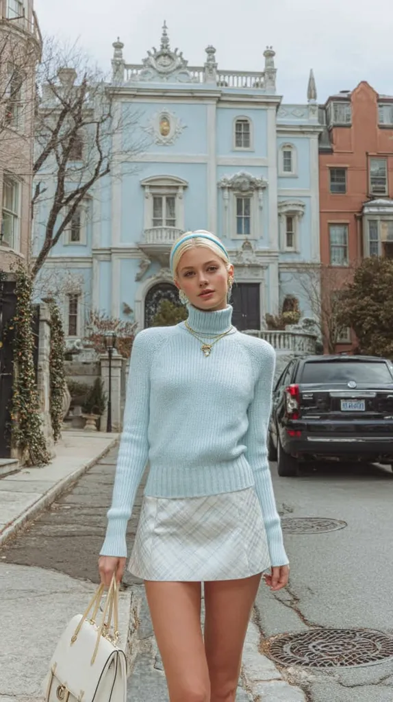 A young woman strolls down a city street, her pastel blue sweater and plaid mini skirt complementing the pale blue townhouse behind her. She carries a white handbag, her blonde hair adorned with a light blue headband.  The overall aesthetic is preppy and stylish, with the architecture adding a touch of elegance to the scene.