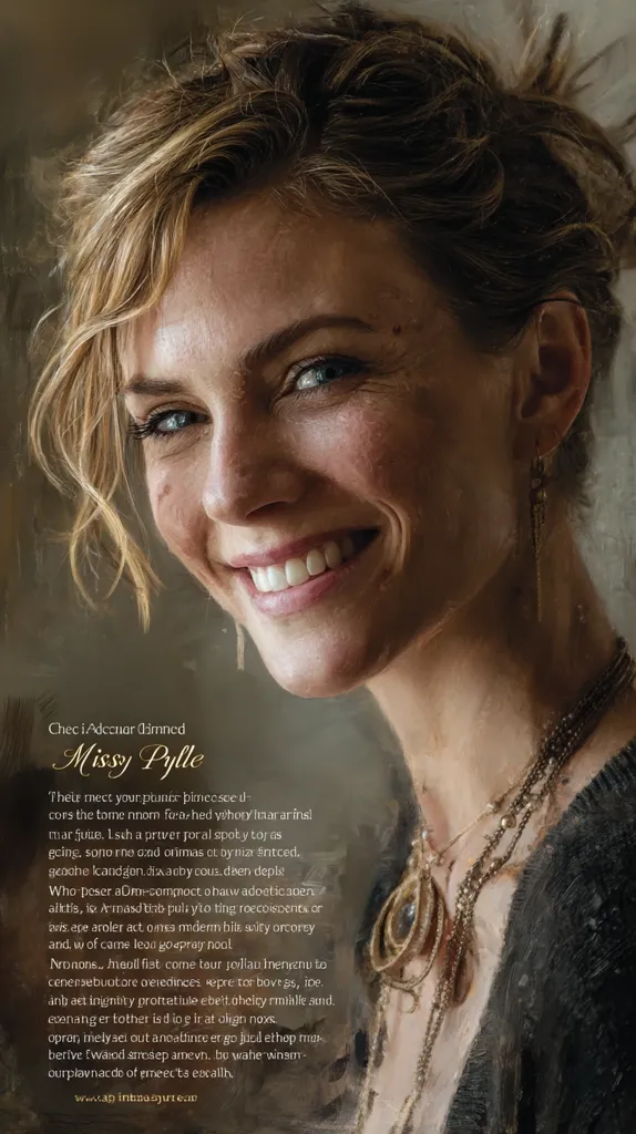 A close-up portrait of Missy Pylle, styled with a painterly effect.  Her blonde hair is loosely styled, and she wears several necklaces. She offers a warm, slightly mischievous smile. The image includes text, seemingly a poem or excerpt, written in an archaic or stylized font. The overall tone is artistic and evocative.