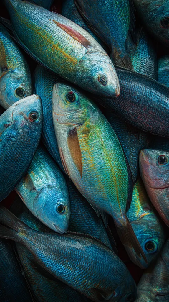 A vibrant close-up captures a dense cluster of glistening fish, their scales reflecting a spectrum of blues and greens.  The fish, varying slightly in size and shape, are tightly packed together, creating a visually striking texture.  Their iridescent surfaces suggest freshness, highlighting the natural beauty of the catch.  The overall image evokes a sense of abundance and the richness of the ocean's bounty.