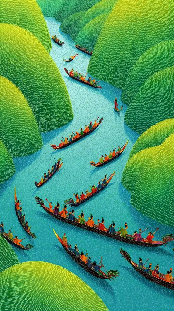 A vibrant illustration depicts numerous dragon boats navigating a turquoise river carved through lush, verdant hills.  The boats are filled with rowers in colorful attire, their rhythmic movements implied.  The artist's style is distinct, with textured strokes creating a sense of movement and depth within the landscape. The scene evokes a feeling of energy and celebration, possibly depicting a dragon boat festival.