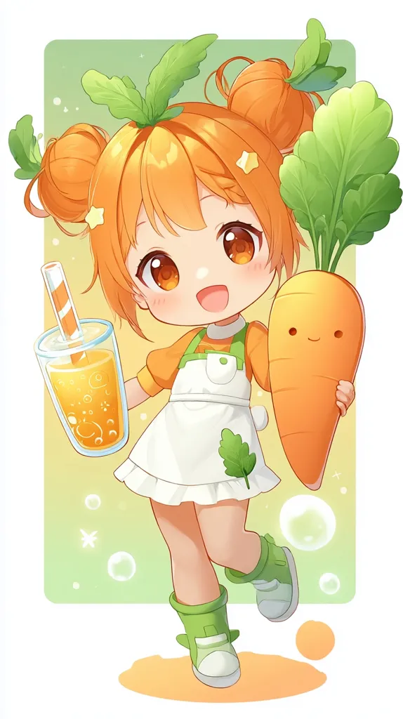 An adorable chibi-style girl with bright orange hair styled in buns, adorned with carrot greens, holds a large, smiling carrot. She's dressed in a white apron over an orange top and green shoes, and happily carries a glass of orange juice with a striped straw.  The image is soft and colorful, with a pastel background and playful bubbles.