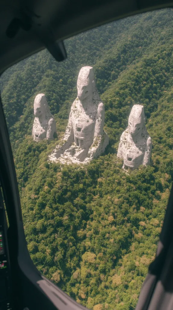 An aerial view from a helicopter reveals three colossal stone statues nestled within a dense, verdant forest.  The statues, weathered and eroded, appear ancient, their features suggesting humanoid forms. They stand on a hillside, partially obscured by the lush foliage, creating a mystical and remote scene. The overall impression is one of forgotten history and natural reclamation.