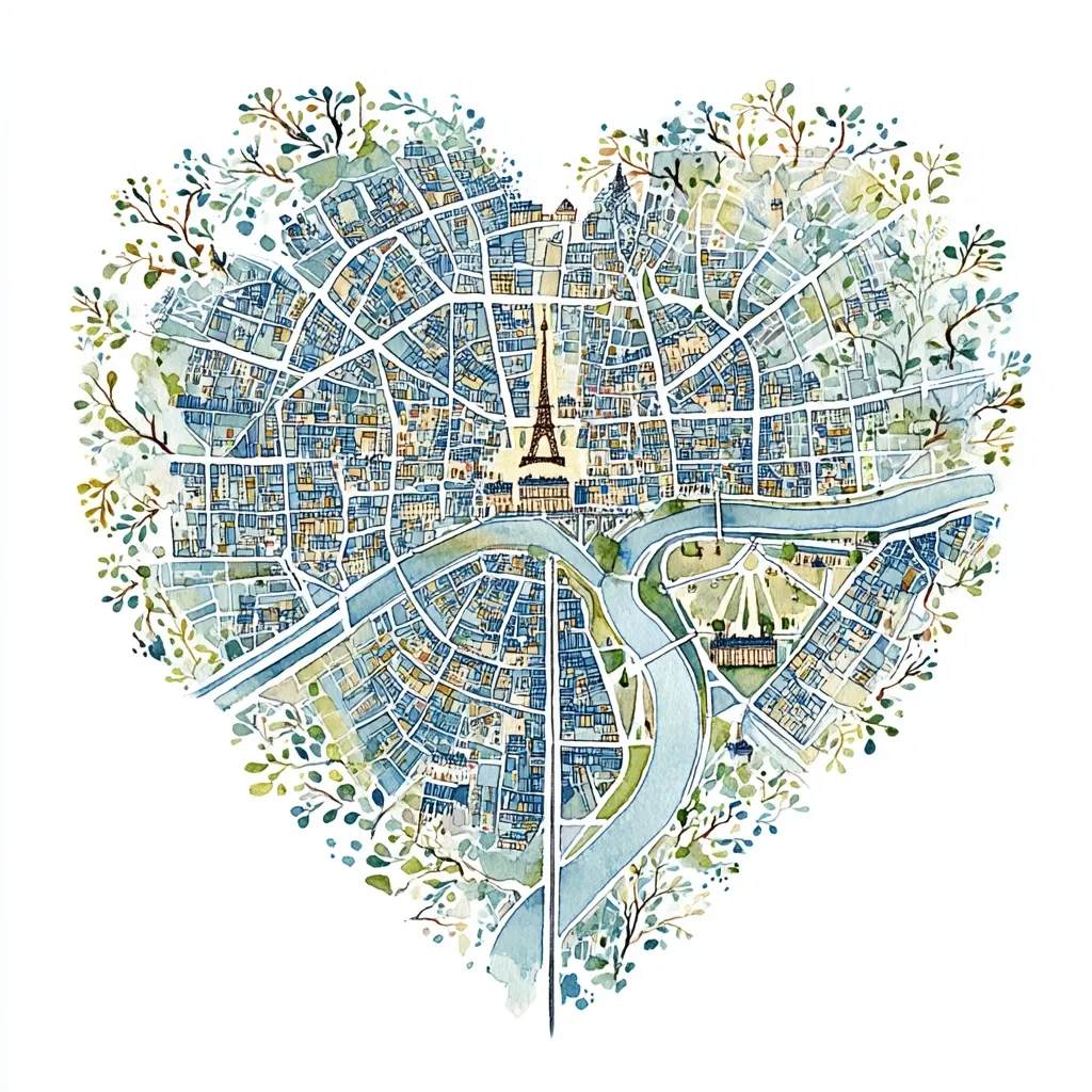 A watercolor illustration depicts a heart-shaped map of Paris, France.  The Eiffel Tower is centrally located, surrounded by detailed streets and buildings rendered in muted blues and greens.  A river winds through the cityscape. The heart shape is bordered by a delicate frame of stylized trees and foliage, creating a romantic and whimsical representation of the city.