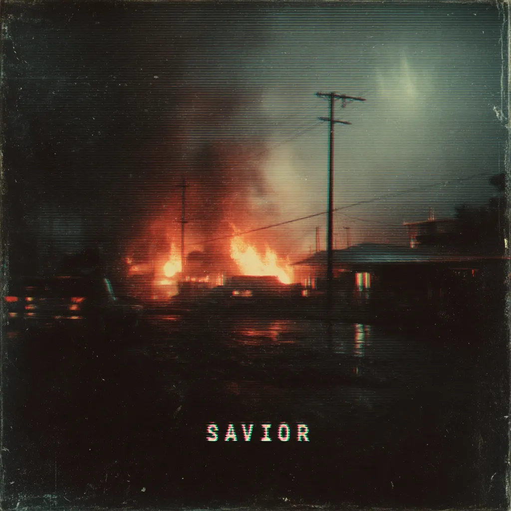 A nighttime scene depicts a building engulfed in flames, casting an orange glow against the dark sky.  The fire is intense, with smoke billowing upward.  Utility poles stand silhouetted against the blaze.  The overall mood is somber and dramatic. The word "SAVIOR" is overlaid in a stylized, glitching font at the bottom, suggesting a thematic contrast between destruction and hope.  The image has a grainy, vintage filter applied.