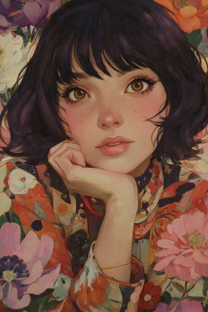 A young woman with brown eyes and freckles rests her chin on her hand.  She has dark, short bobbed hair with bangs, and wears a vibrant floral kimono-style jacket with oranges, reds, and pinks.  The painting is rich in texture, emulating an oil painting style, with a focus on soft lighting and warm colors.  She is surrounded by a profusion of large, colorful flowers.