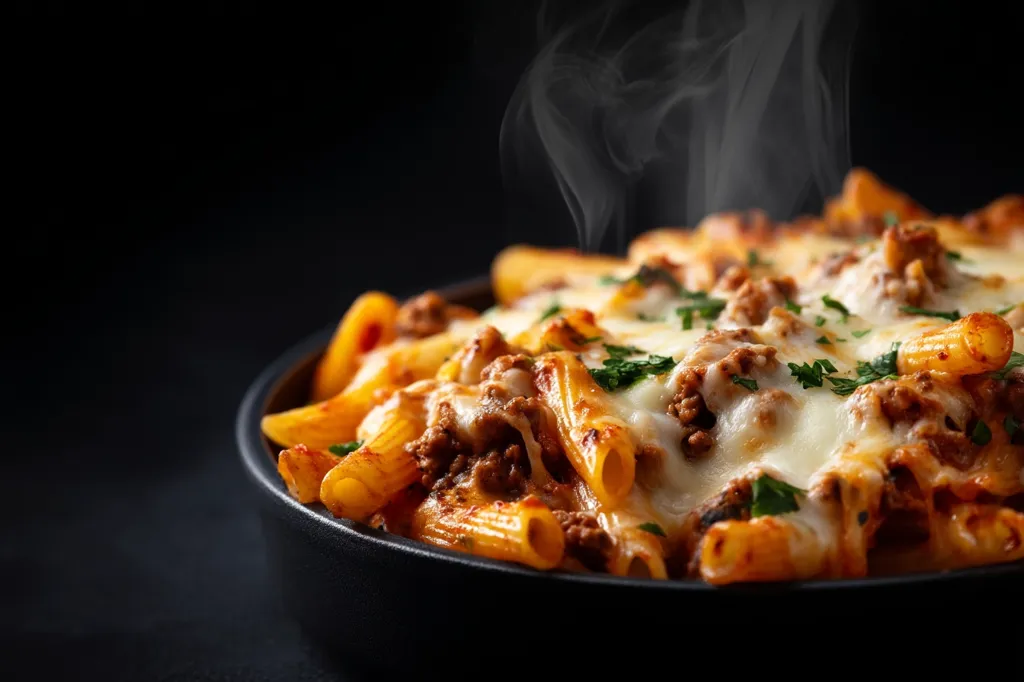 A close-up shot of a skillet filled with penne pasta in a rich, meaty sauce, topped with melted mozzarella cheese and fresh parsley. Steam rises from the dish, indicating it's freshly cooked. The dark background contrasts with the vibrant colors of the pasta, creating a visually appealing image.  The overall impression is one of warmth and deliciousness.