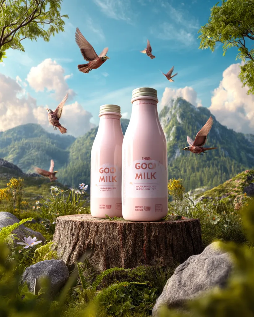 Two bottles of "GOC Milk" sit on a tree stump in a picturesque mountainous landscape.  Birds fly freely in the clear blue sky above a lush green meadow.  The scene evokes a sense of natural purity and freshness, associating the milk with a healthy, outdoor lifestyle.  The pink bottles are prominently displayed against the vibrant natural backdrop.
