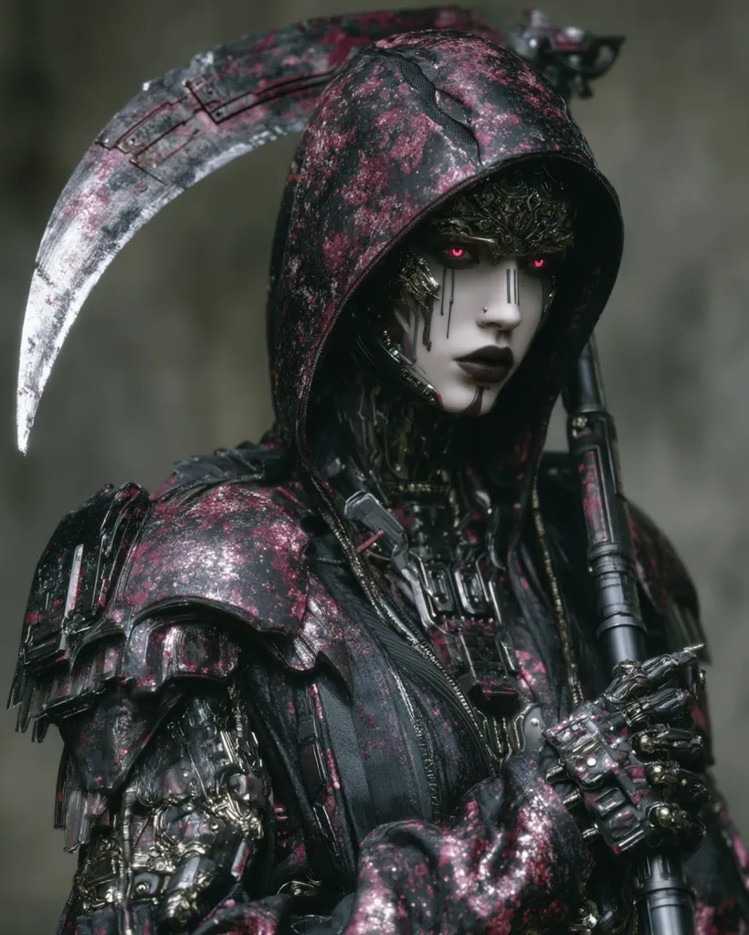A cyborg woman, clad in a dark, metallic, crimson-splattered hooded cloak, stands wielding a large, curved scythe.  Her face is partially obscured by the hood, revealing glowing red eyes and intricate mechanical features.  The image's dark, gritty aesthetic suggests a dystopian or cyberpunk setting.  Her mechanical body is intricately detailed, blending seamlessly with her clothing.