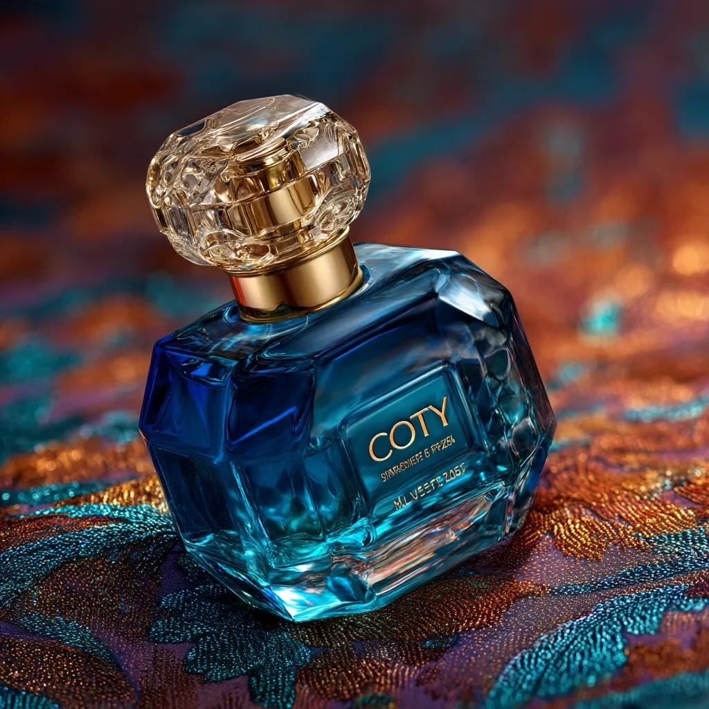 A bottle of Coty perfume rests on a richly textured, jewel-toned fabric. The bottle is a deep blue, faceted, and features a gold-capped, crystal-like top.  The Coty logo is visible on the bottle, along with small text indicating the fragrance's name and code. The image evokes luxury and sophistication.