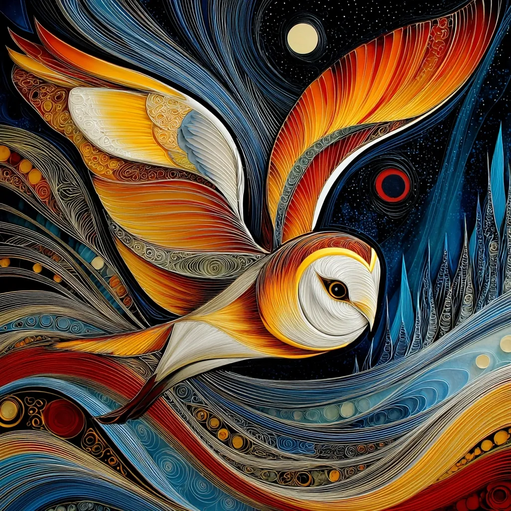 A barn owl in flight is depicted in a vibrant, abstract style. Its wings are rendered in swirling, warm colors of orange and yellow, contrasting with the cool blues and deep blacks of the night sky background.  The intricate detail showcases a paper quilling technique, creating a textured and dynamic artwork.  Celestial bodies, including a full moon and a dark planet, enhance the mystical atmosphere.