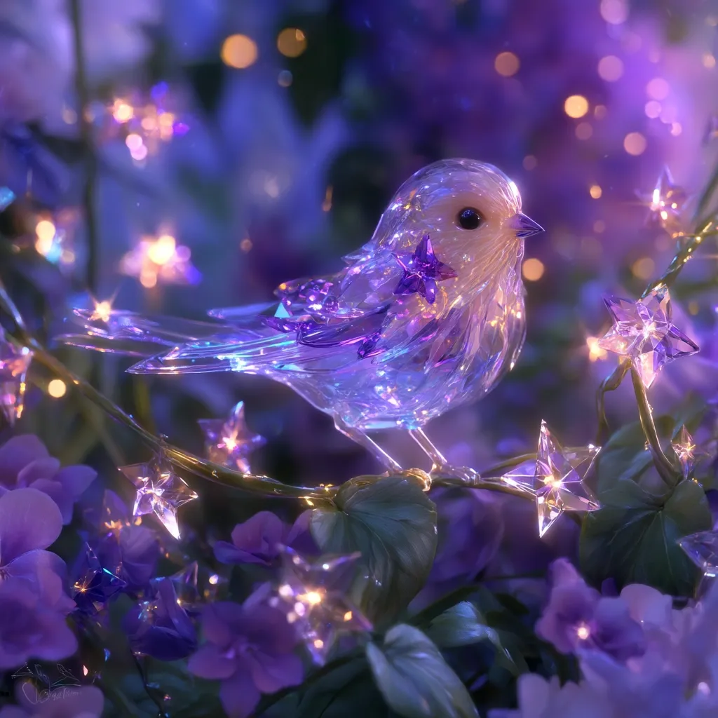 A crystal bird, adorned with purple star accents, perches on a branch amidst a glowing purple floral arrangement.  Tiny, star-shaped lights illuminate the scene, casting a magical, ethereal glow. The overall effect is one of whimsical beauty and enchanting fantasy.