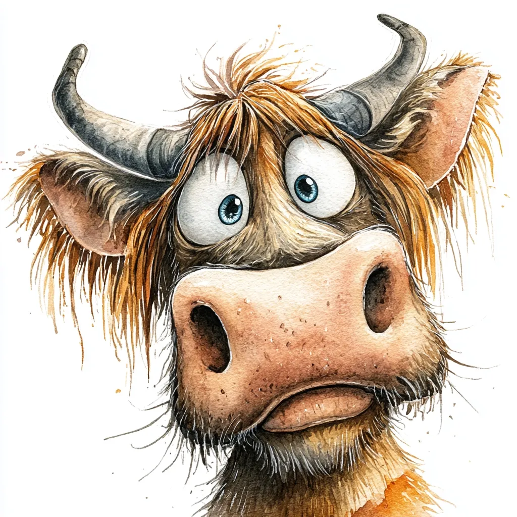 A watercolor painting depicts a cartoon bull with a surprised expression.  Its large, wide eyes are accentuated by bushy, light brown fur framing its face.  The bull's large nose and slightly open mouth contribute to its startled look. The horns are dark, and the overall style is whimsical and expressive. The background is plain white, focusing attention on the animal's features.