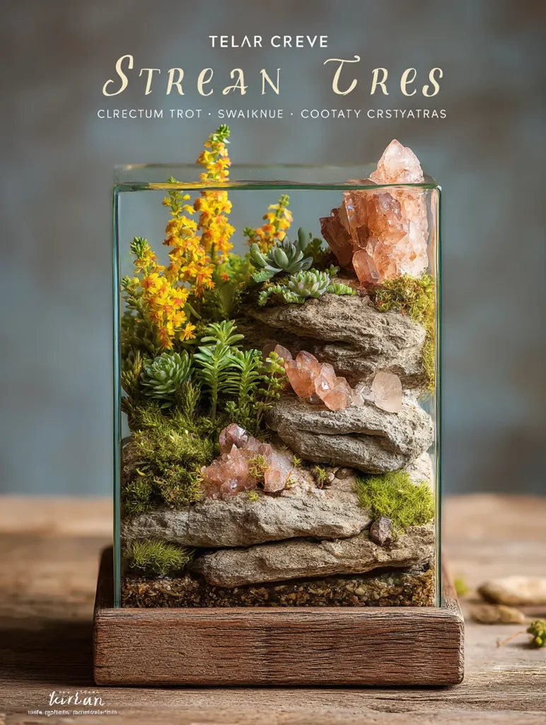 A stunning terrarium, titled "Strean Tres," showcases a miniature landscape.  Small succulents and moss thrive alongside delicate, orange crystals nestled amongst artistically arranged rocks within a clear glass cube resting on a dark wood base. The overall aesthetic is serene and meticulously crafted, blending natural elements for a captivating miniature world.