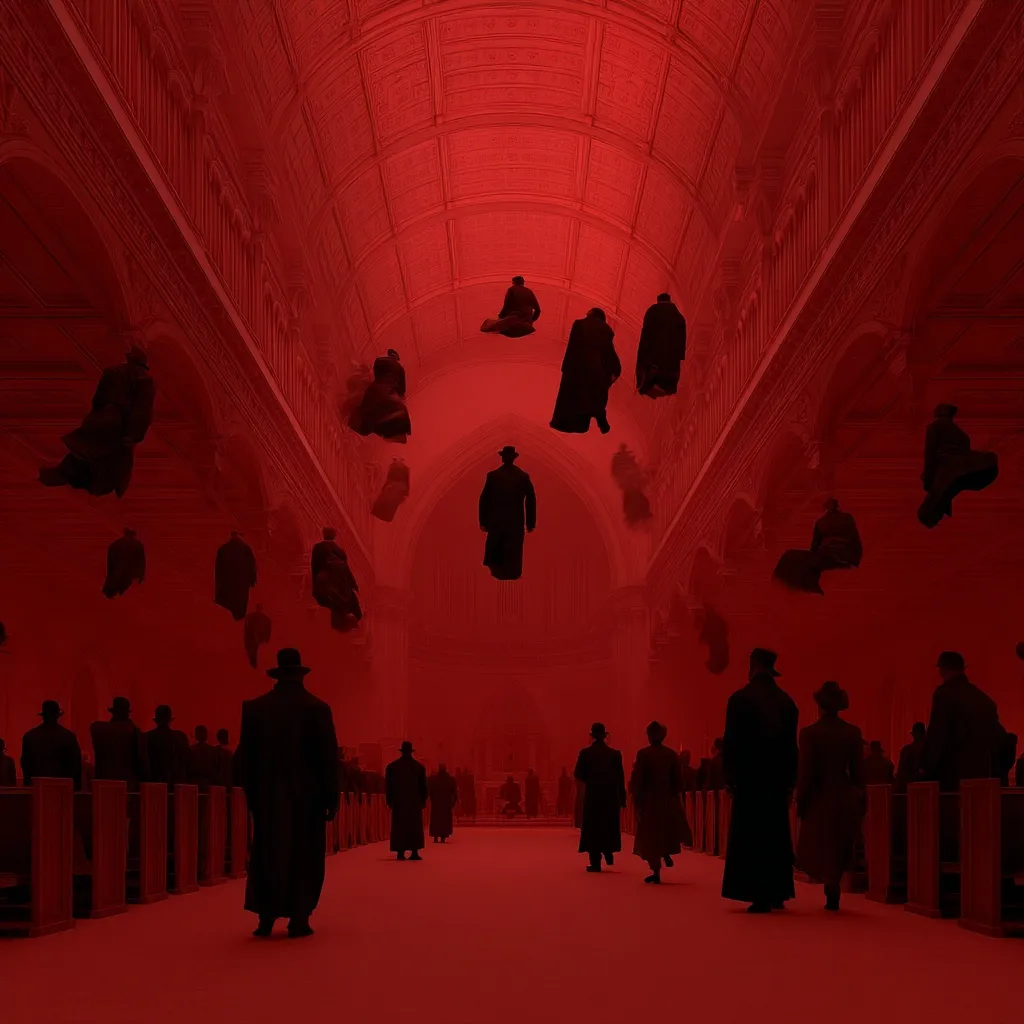 A surreal, crimson-hued interior, possibly a cathedral, is filled with levitating figures in dark suits and hats.  Below, a congregation sits in rows, also dressed in dark attire. The scene is bathed in a deep red light, creating a mysterious and unsettling atmosphere.  The floating figures and the somber mood suggest a sense of unease and otherworldliness.