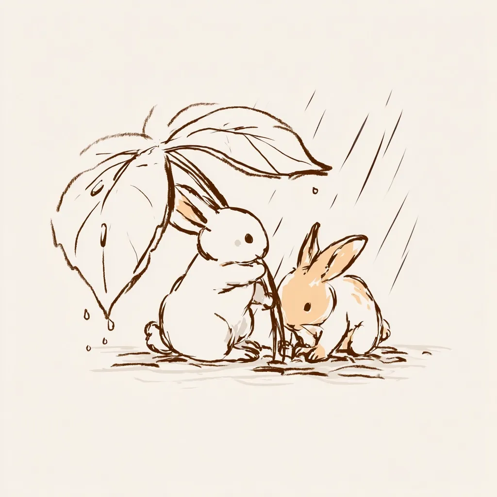 Two rabbits huddle together in the rain.  A larger white rabbit holds a large leaf overhead as an umbrella, sheltering itself and a smaller, light brown rabbit. Rain falls around them, creating a charming and whimsical scene. The style is simple, sketch-like, with soft brown lines on a light beige background.  The image evokes feelings of warmth and companionship.