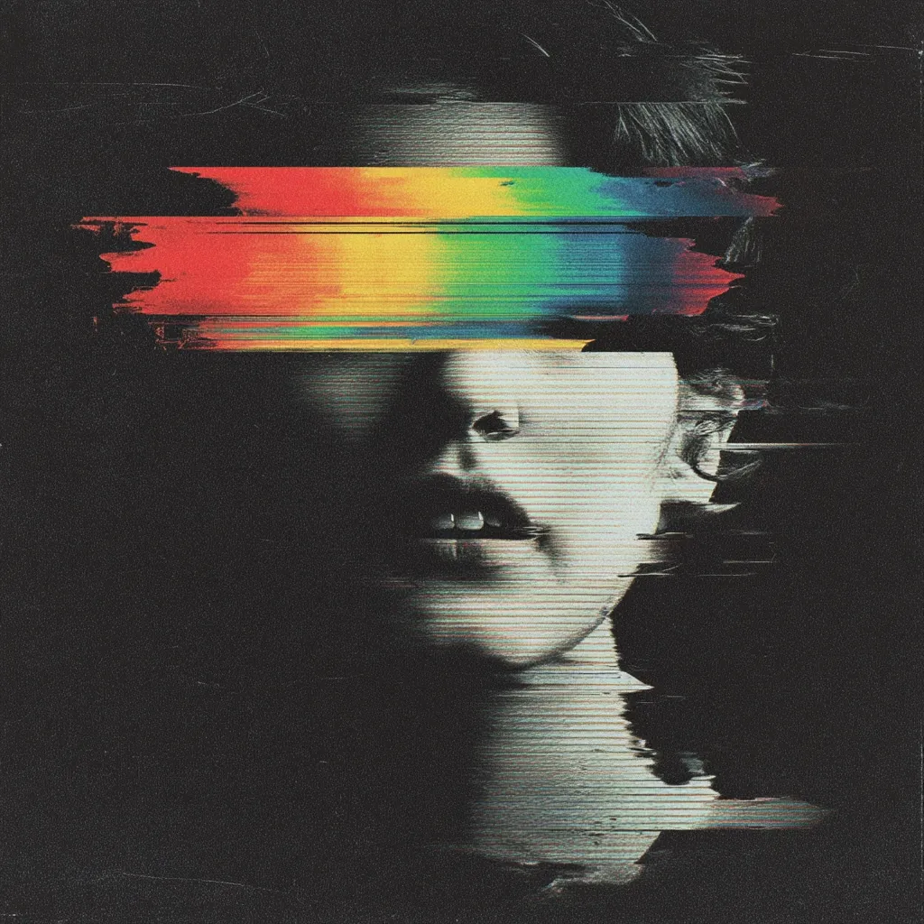 A stylized portrait of a person's face, partially obscured by a vibrant, horizontal band of rainbow colors.  The image has a digital glitch effect, creating a distorted and fragmented appearance.  The dark background enhances the contrast, focusing attention on the face and the striking color disruption across the eyes. The overall aesthetic is dark, moody, and slightly surreal.
