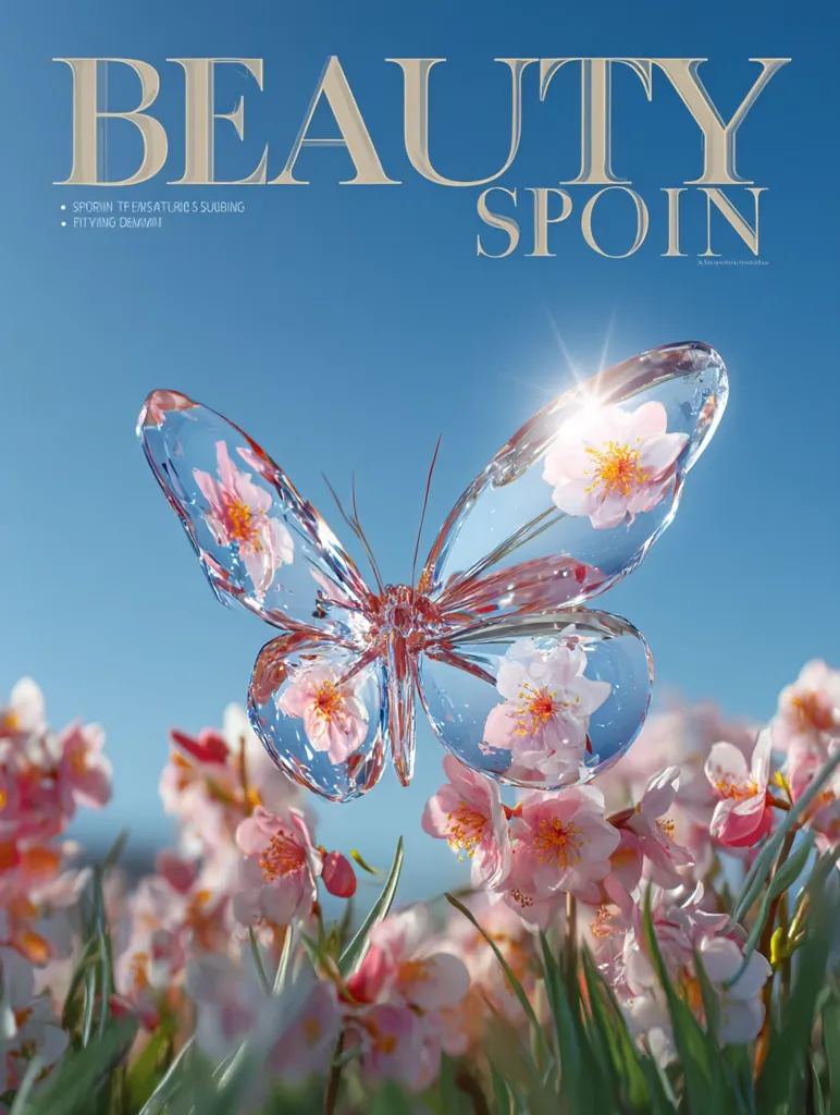 A crystalline butterfly, seemingly made of glass, hovers amidst a field of delicate pink blossoms under a vibrant blue sky.  The image is titled "Beauty Spoin," suggesting a theme of beauty and perhaps a brand or product name.  The butterfly's wings capture the reflection of the flowers, creating a visually stunning and ethereal effect. The overall mood is serene and peaceful.