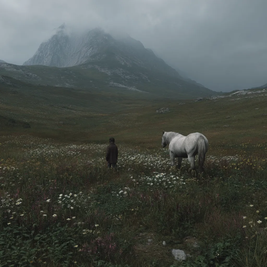 A solitary figure stands in a field of wildflowers, a white horse nearby.  A large, mist-shrouded mountain dominates the background, creating a serene yet melancholic atmosphere. The muted color palette and overcast sky enhance the feeling of quiet solitude in the vast, natural landscape.  The scene evokes a sense of peaceful isolation and contemplation.