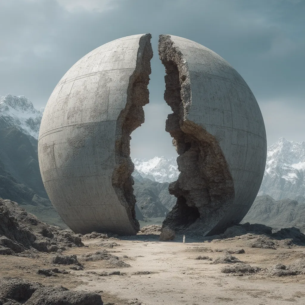 A colossal, cracked concrete sphere dominates a desolate, mountainous landscape.  The sphere is split down the middle, revealing a valley beyond.  A lone figure stands small in the distance, dwarfed by the immense scale of the broken structure.  The scene evokes a sense of post-apocalyptic solitude and the mystery of ancient ruins.  Snow-capped mountains form a dramatic backdrop.