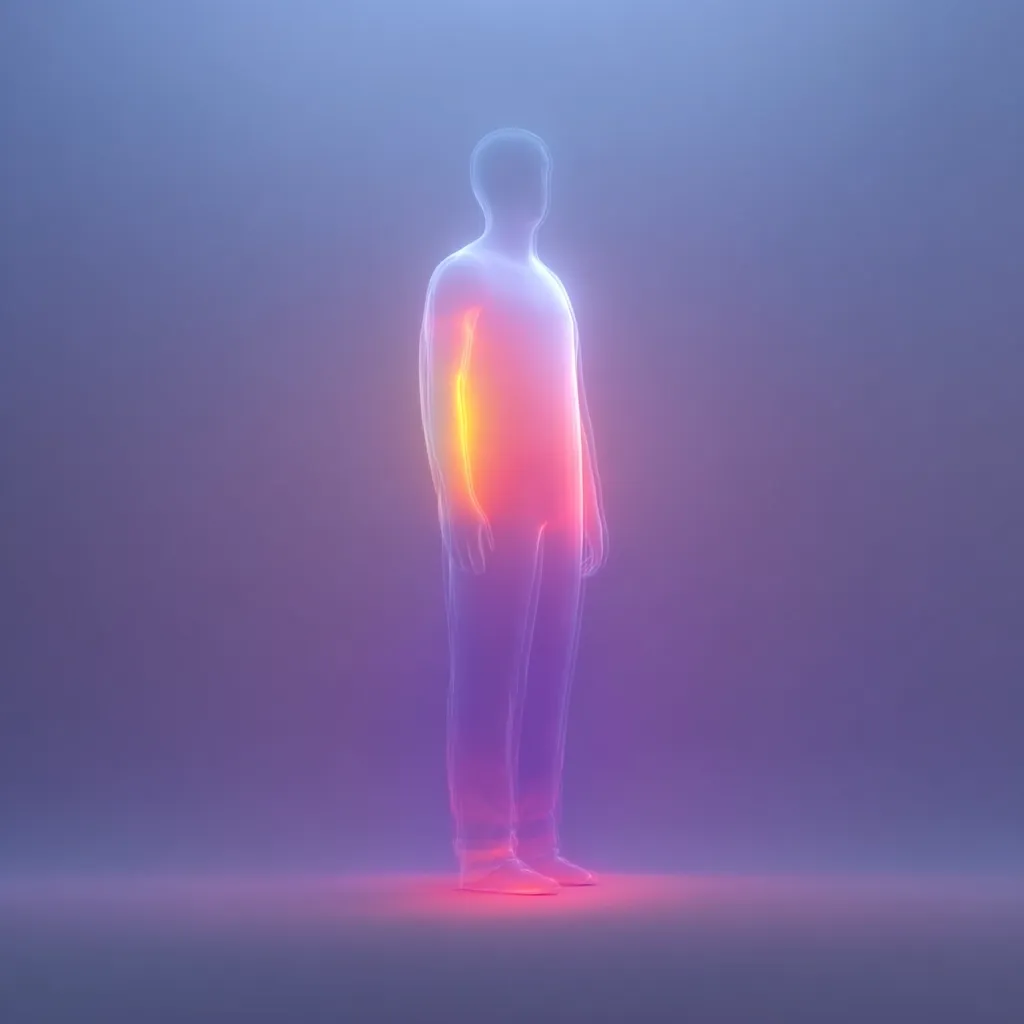 A translucent, human-like figure stands against a muted purple background.  The figure is rendered in shades of purple, orange, and yellow, with the warmest colors concentrated along the torso.  It appears ethereal and three-dimensional, suggesting energy or a heat signature. The overall mood is serene and slightly mysterious.