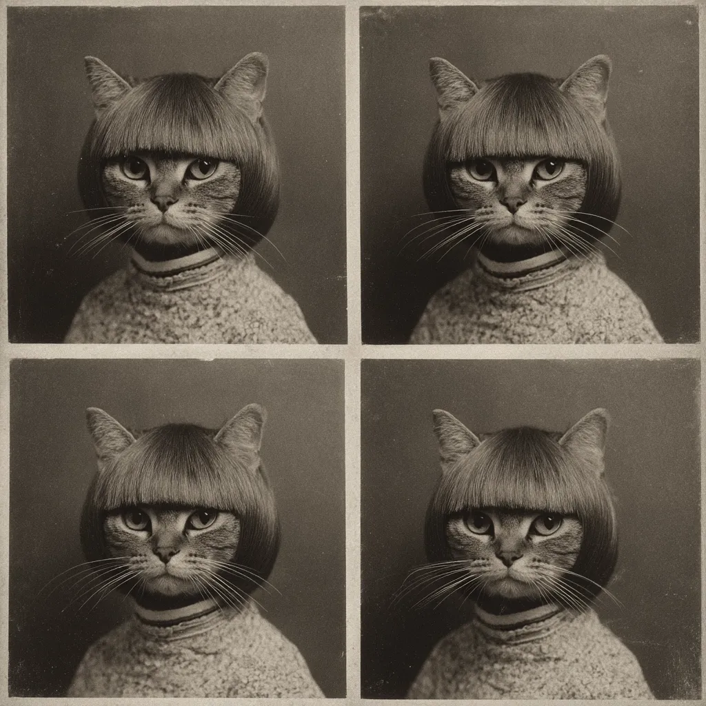 Four sepia-toned photographs arranged in a grid depict a cat wearing a bobbed wig and a sweater.  The cat’s expression is serious in each image, creating a humorous juxtaposition of feline features and human-like hairstyle. The photos mimic the style of vintage portrait photography, emphasizing the quirky concept.