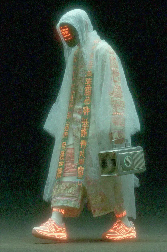 A digital rendering depicts a futuristic figure cloaked in a translucent, flowing garment adorned with Asian script.  The figure wears a glowing orange LED mask, futuristic sneakers with orange accents, and carries a vintage-style boombox. The overall aesthetic blends traditional Asian attire with cyberpunk elements, creating a striking contrast of old and new. The dimly lit background emphasizes the figure's ethereal presence.