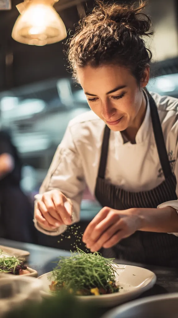 A female chef, with her hair in a bun, meticulously seasons a vibrant green dish.  She is focused and smiling slightly, showcasing her passion for culinary arts. The warm lighting of the kitchen illuminates her as she carefully sprinkles seasoning over the food, adding the final touches to her creation.  The image evokes a sense of professionalism and dedication to fine dining.