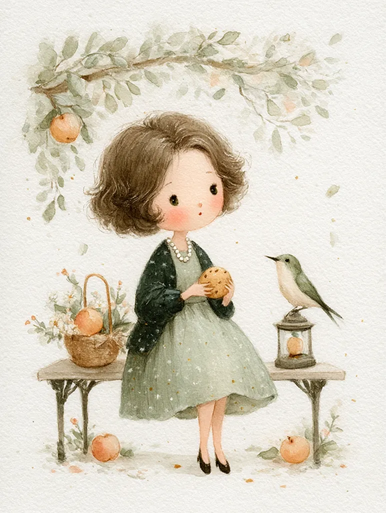 A watercolor painting depicts a charming girl with short brown hair, seated on a park bench under a blossoming tree. She holds a cookie and wears a sage green dress and cardigan.  A small bird perches on a lantern beside her, and a basket of flowers and oranges sits nearby. Apples are scattered on the ground. The style is delicate and whimsical, evoking a sense of gentle peace.