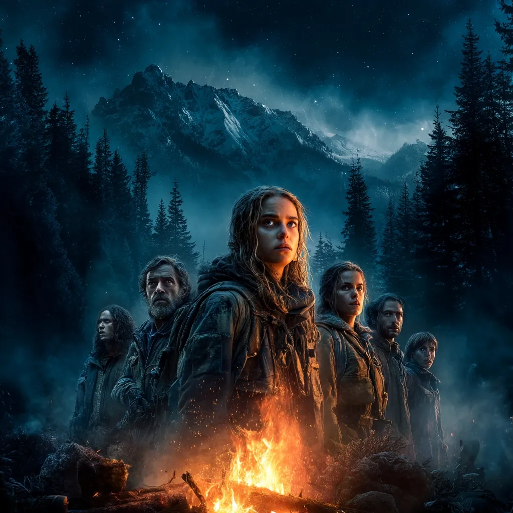A group of people, huddled around a campfire in a dark, snowy forest, are silhouetted against a dramatic mountain backdrop under a starry night sky.  The central figure is a young woman with long, windblown hair, looking intently forward.  The overall mood is suspenseful and evokes a sense of isolation and adventure, possibly suggesting a survival or thriller film.