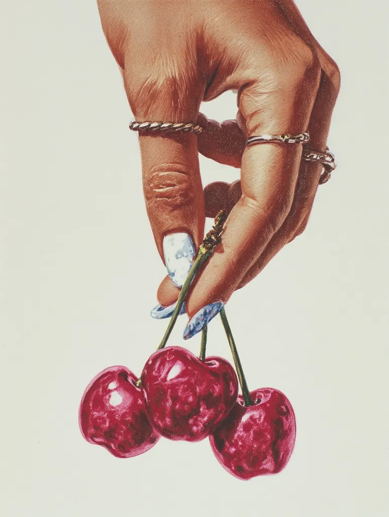 A woman's hand, adorned with gold rings and light blue nail polish, delicately holds a stem of three ripe, glistening cherries. The cherries are deep red, almost crimson, and appear juicy. The hand is the focal point, its smooth skin and the contrast between the metallic rings and the natural fruit creating a visually appealing image.  The background is a simple off-white, emphasizing the vibrancy of the hand and the cherries.