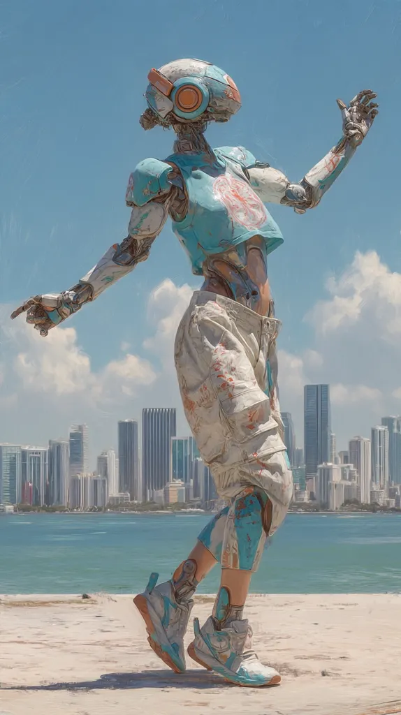 A stylized robotic figure, painted in a faded teal and white, stands on a beach overlooking a cityscape.  The robot, with a rounded helmet and casual clothing, appears to be dancing or playfully reaching out. Its weathered appearance suggests age or exposure to the elements.  The background showcases a modern city skyline across a calm body of water under a clear blue sky.
