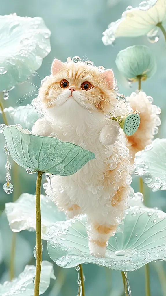 A fluffy orange Persian cat, covered in soap bubbles, stands amidst water-laden lotus leaves.  It playfully holds a miniature watering can.  The scene is serene and whimsical, with a soft, pastel color palette. Water droplets cling to the leaves and the cat's fur, enhancing the ethereal atmosphere. The image is digitally created, showcasing a charming and fantastical bath time for the feline.