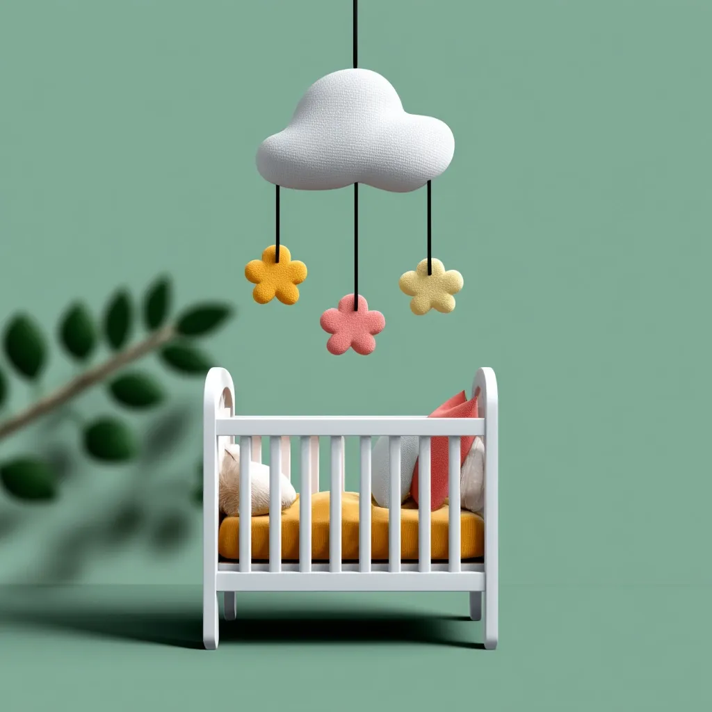 A white crib with pastel yellow and coral pillows sits against a muted green wall.  Above it hangs a charming baby mobile featuring a fluffy white cloud and colorful felt flowers. The scene is serene and evokes a feeling of calm and gentle childhood.  A blurred branch with green leaves adds a touch of nature to the minimalist backdrop.