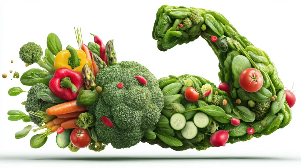 A vibrant image showcasing the power of fruits and vegetables.  Various colorful produce, including broccoli, spinach, peppers, carrots, and tomatoes, are artfully arranged to form a flexing bicep. This creative composition emphasizes the strength and health benefits derived from a plant-based diet. The bright colors and dynamic pose create a visually striking message promoting healthy eating.
