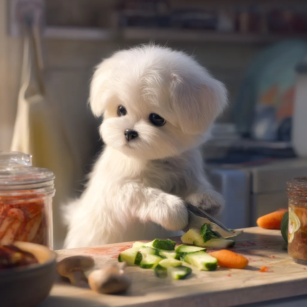 An adorable fluffy white Maltese puppy stands on its hind legs at a kitchen counter, meticulously chopping cucumbers and carrots with a small knife.  A jar of kimchi and other vegetables are nearby. The scene is warm and inviting, highlighting the dog's unexpected culinary skills.  The puppy's expressive eyes add to its charming appearance.