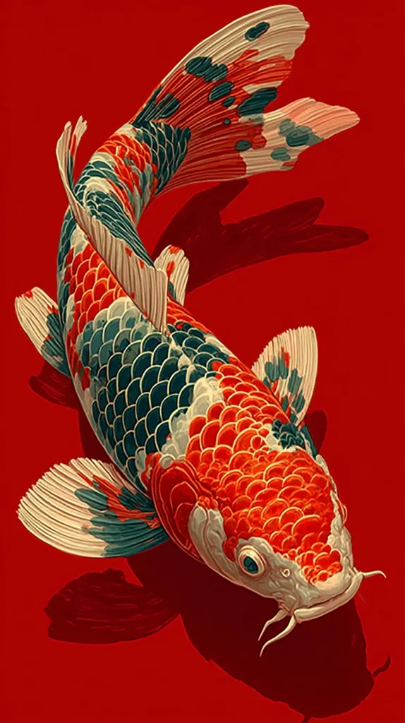 A vibrant koi fish, predominantly red and orange with teal and white accents, is depicted against a solid red background.  Its scales are meticulously detailed, and its fins are elegantly spread.  The fish’s shadow is cast below, adding depth to the illustration. The overall style is reminiscent of Japanese woodblock prints, showcasing a bold and striking image.