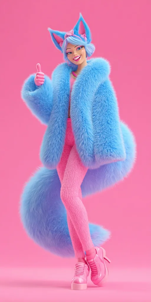 A 3D-rendered illustration showcases a stylish cartoon character.  She's sporting light blue fluffy cat ears and a matching oversized coat, paired with pink tights and shoes.  The character gives a thumbs-up, exuding a cheerful and fashionable vibe against a bright pink backdrop. The overall aesthetic is playful and vibrant, emphasizing pastel colors and soft textures.