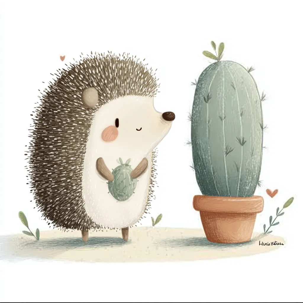 An adorable illustration features a hedgehog delicately holding a small cactus.  The hedgehog is depicted with soft, brown quills and a gentle expression. Beside it stands a larger cactus in a terracotta pot, suggesting a friendly scene in a desert or arid setting. The style is whimsical and charming, using muted earth tones. Small hearts and foliage add to the overall cute and peaceful atmosphere.